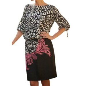 White House Black Market Silk Blouson Dress Size M V Back Tie Sleeves